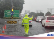 Auf der Ausfallstraße bildet sich eine Pfütze, der Verkehr auf der mautpflichtigen Straße Cengkareng ist 1 Kilometer lang gestaut